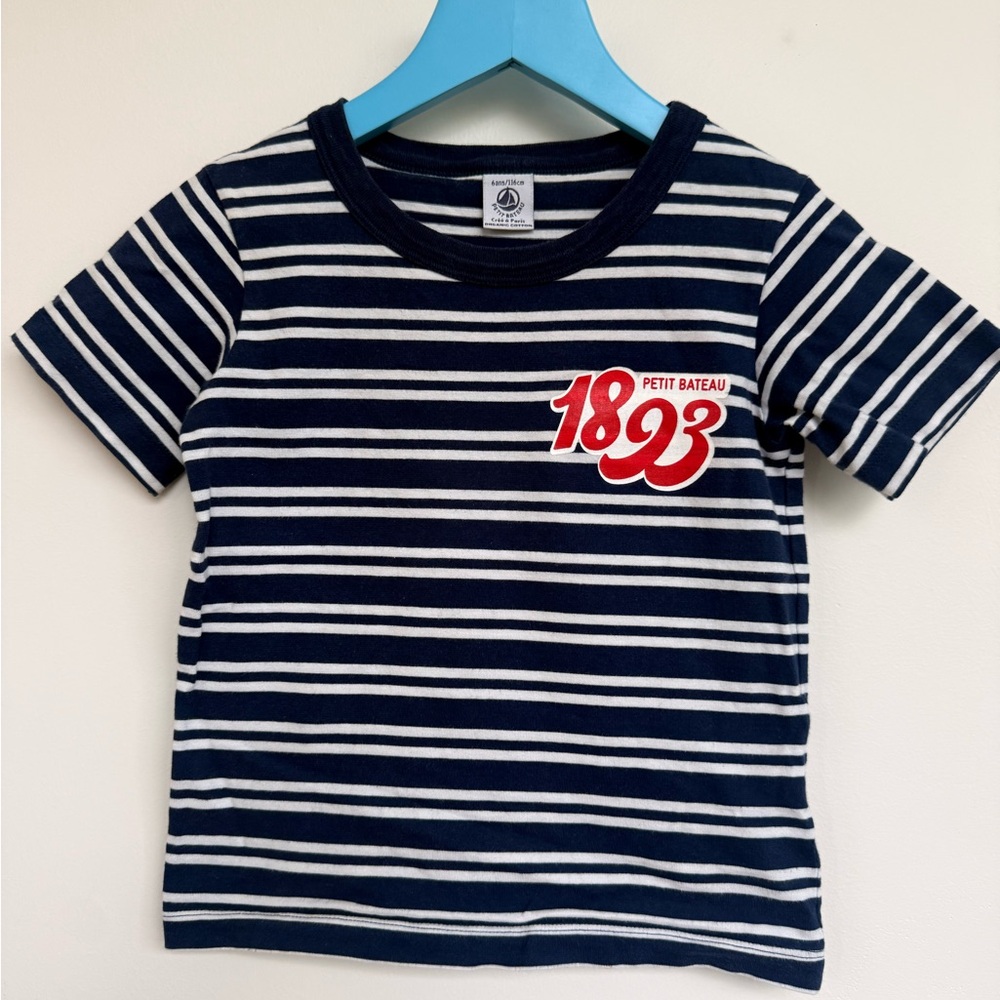 Petit Bateau Navy & White Striped Tee with Red 1893 Chest Logo